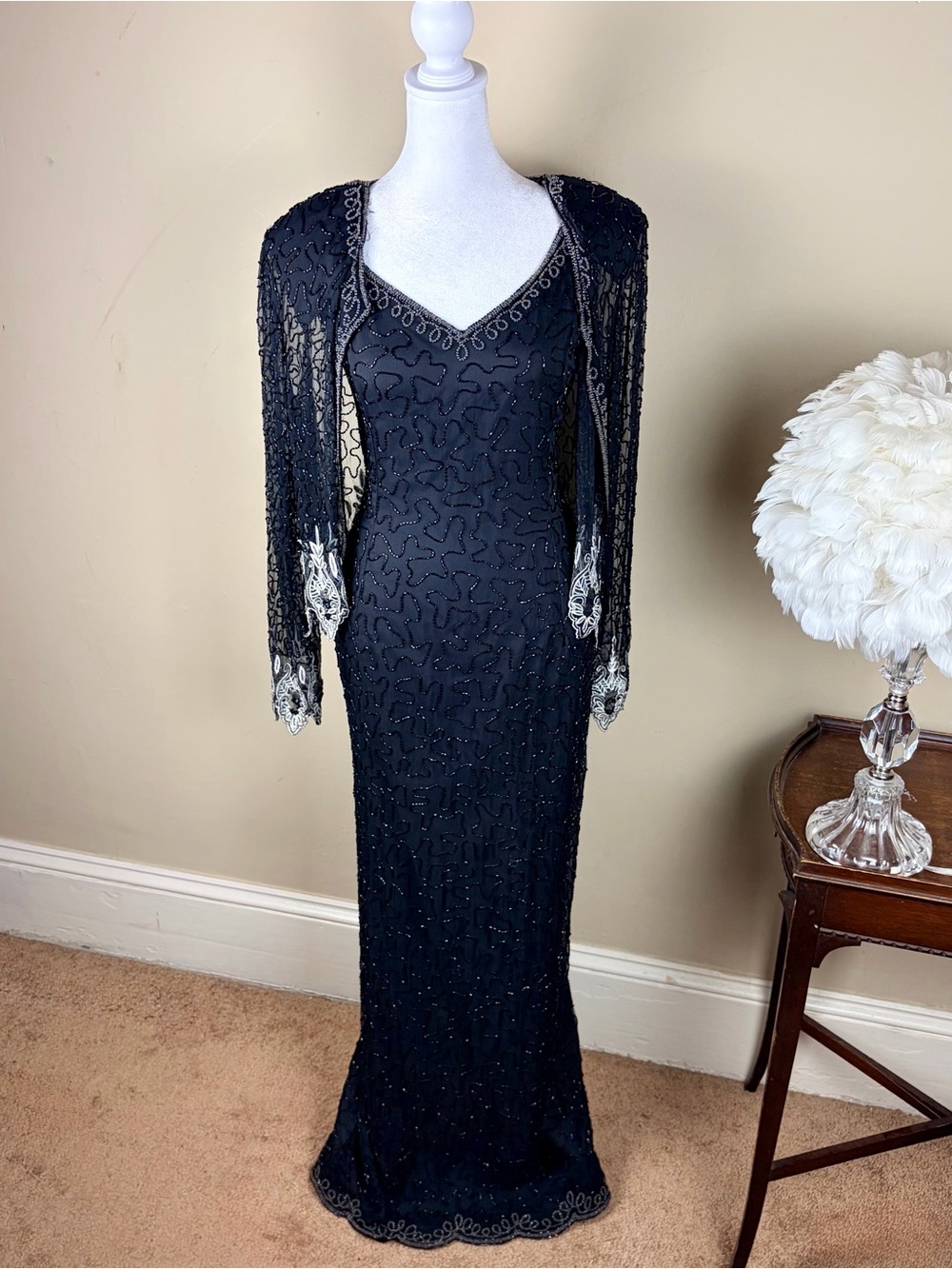 Vintage 100% Silk Stenay Black Beaded Dress Size 10 with Embroidered Jacket Gala